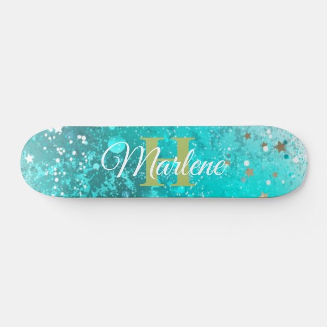 Skate Glitter Girly Teal Sereia Monograma Nome Fantasia (Horz)