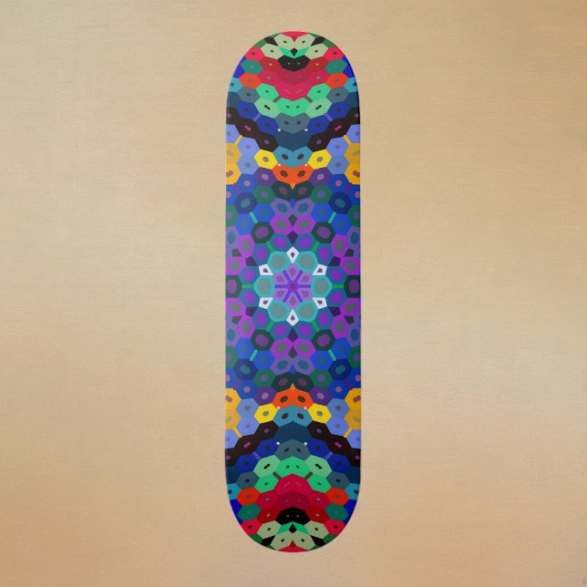 Skate Hex Mandala Blue Yellow Red and Green (Blue Yellow Red and Green Hexagon Mandala Skateboard by Wormhole Orbital)