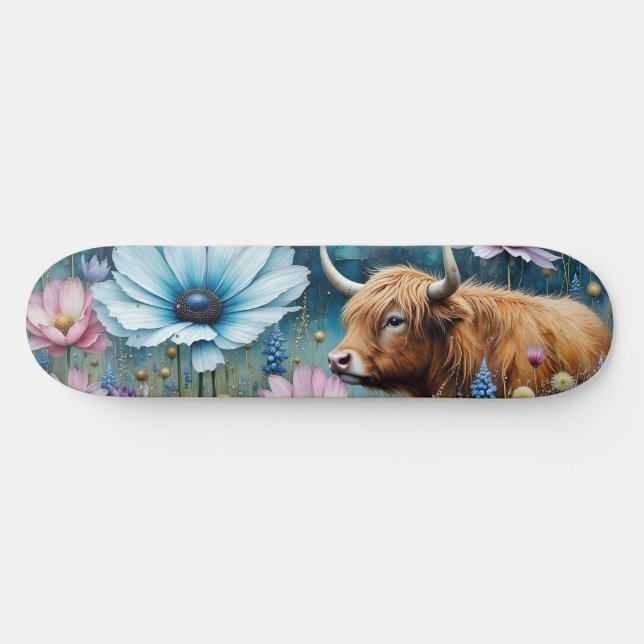Skate Highland Cow Floral Colorida Cosmos Tapeçaria II (Horz)