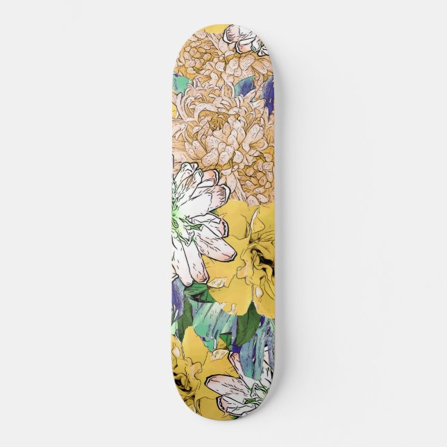 Skate Ilustração Cinzenta Floral Amarela e Verde Trendy (Frente)