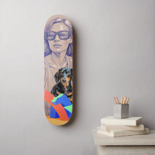 Skate Ilustração de Mídia Mista de uma Mulher e Dachshun