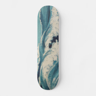 Skate Impressão Antiga de Ondas do Oceano Azul em Xilogr