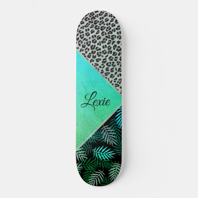 Skate Impressão Tropical Leopardo de Teal com Glittery (Frente)