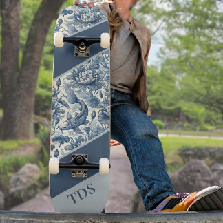 Skate Koi Fish and Water Lily Blue Chinoiserie Monogram