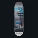 Skate Lago de Arte Asiático Japonês em Luar<br><div class="desc">Um skate personalizado impressão japonês,  azul e cinza. Lua,  montanhas.</div>