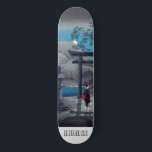 Skate Lago de Arte Asiático Japonês em Luar<br><div class="desc">Um skate personalizado impressão japonês,  azul e cinza. Lua,  montanhas.</div>