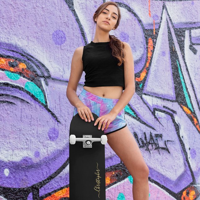 Skate Legal preto Dourado plano, preto e plano, assinado (Cool Solid Plain Black Gold Monogrammed Signed Skateboard)