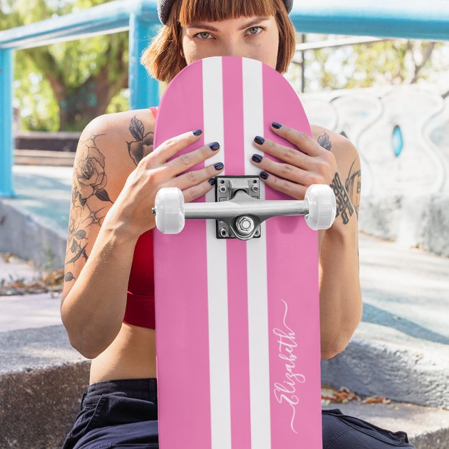 Skate Legal Skater Girl Girly Pink White Racing Strips (Cool Skater Girl Girly Pink White Racing Stripes Skateboard)