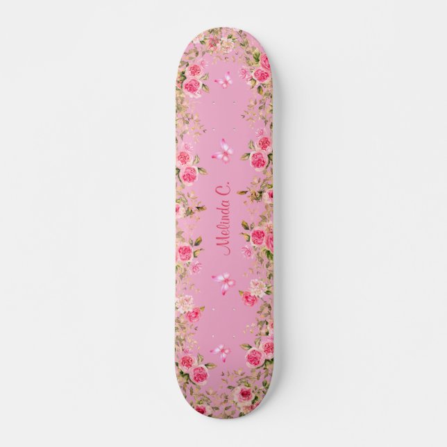 Skate Lindo Rosa Claro & Rosas Cor-de-Rosa & Borboletas  (Frente)