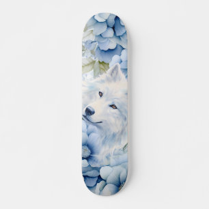 Skate Lobo Branco Florais de Aquarela Azul Pastel