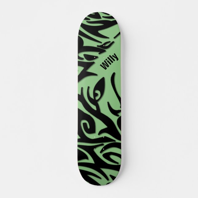 Skate Lobo Tribal Abstrato Verde e Negro com Nome (Frente)
