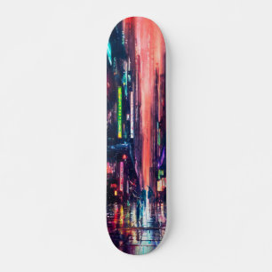 Skate Luzes Neon CityScape em Design de chuva