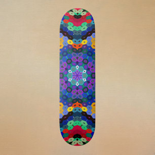 Skate Mandala Hexagonal Azul Amarelo Vermelho e Verde