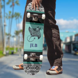 Skate Manta Ray Teal Black White Polynesian w Initial