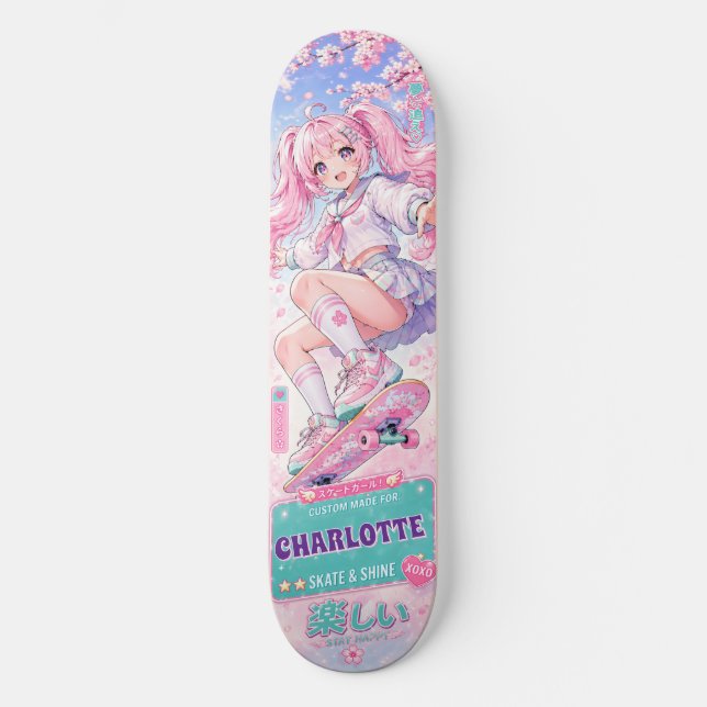 Skate Menina de Anime Personalizada Fofa Rosa e Pastel (Frente)