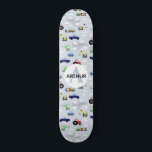 Skate Meninos Legal Blue Modern Transport Car Pattern Ki<br><div class="desc">Este design de skate de crianças moderno e legal apresenta um padrão de transporte de avião,  com carros,  aviões,  helicópteros e escavadores em fundo azul,  e pode ser personalizado com o nome e monograma de seus garotos. O presente perfeito para qualquer entusiasta do skate.</div>