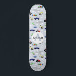 Skate Meninos Legal Blue Modern Transport Car Pattern Ki<br><div class="desc">Este design de skate de crianças moderno e legal apresenta um padrão de transporte de avião,  com carros,  aviões,  helicópteros e escavadores em fundo azul,  e pode ser personalizado com o nome e monograma de seus garotos. O presente perfeito para qualquer entusiasta do skate.</div>