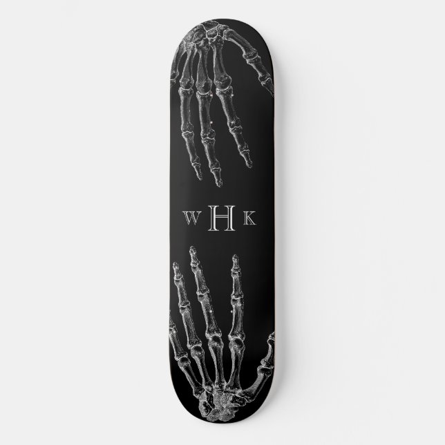 Skate Monograma de mãos de caveira preto e branco na mod (Frente)