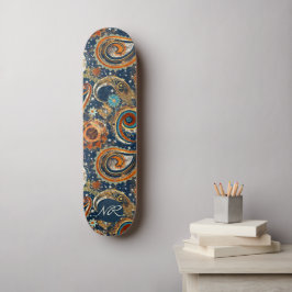 Skate Monograma de Padrão de Folheto Dourado Azul-marinh