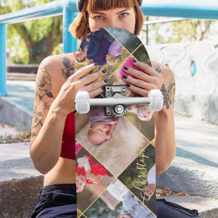 Skate Monograma Dourado de Colagem de Fotos Personalizad