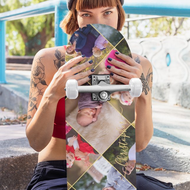 Skate Monograma Dourado de Colagem de Fotos Personalizad (Create Personalized 5 Photo Collage Gold Monogram Skateboard)