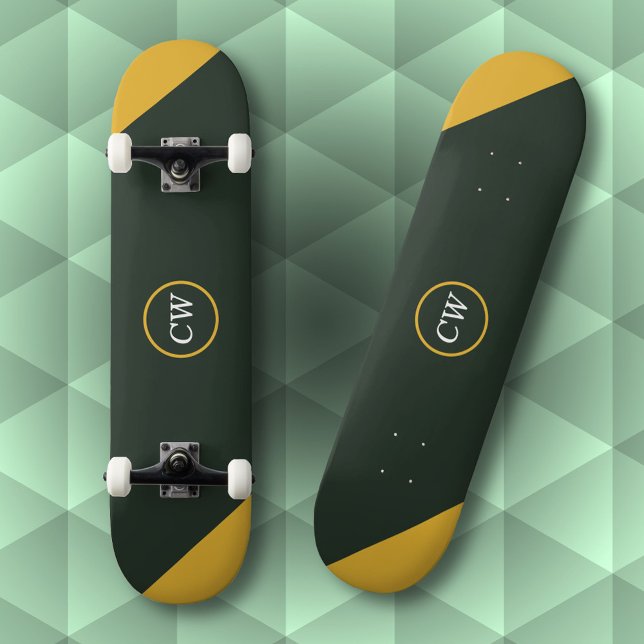 Skate Monograma Verde de Duas Tonalidades Douradas e Flo (Two Tone Gold & Forest Green Monogram Skateboard)