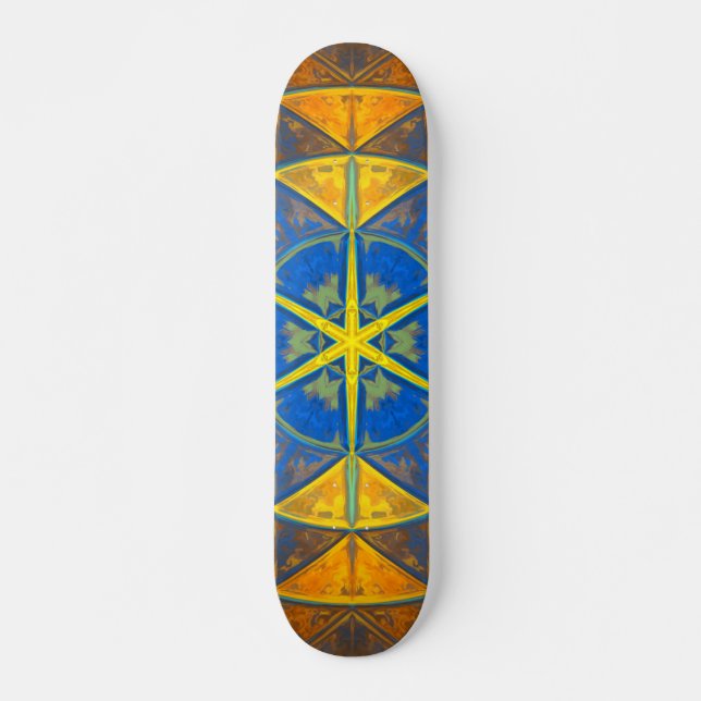 Skate Mosaico Caleidoscópio Flor Azul e Amarelo (Frente)