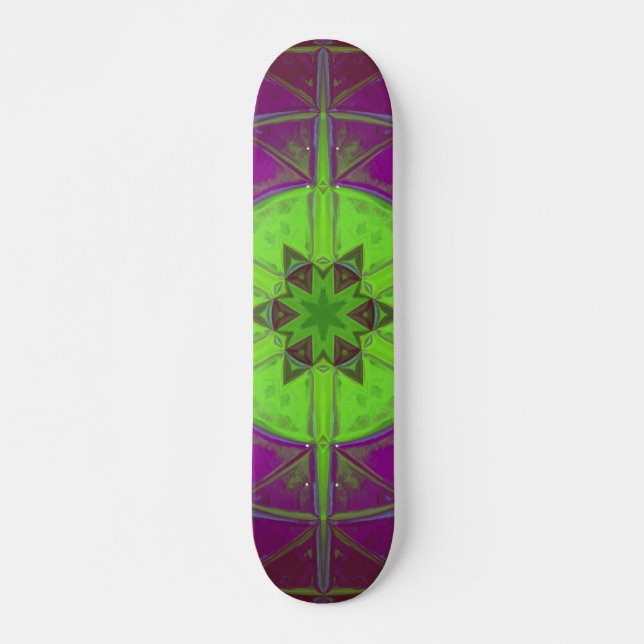 Skate Mosaico Caleidoscópio Flor Verde Roxo e Azul (Frente)