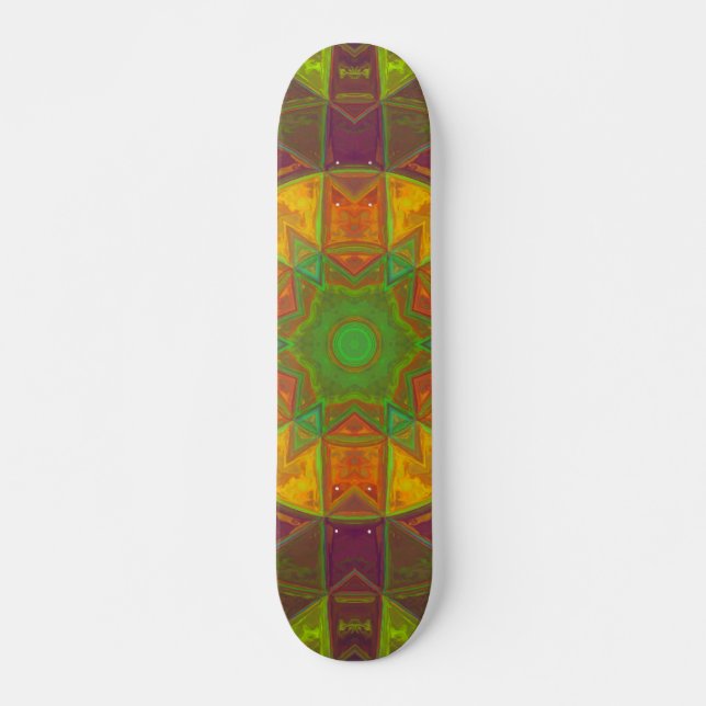 Skate Mosaico Caleidoscópio Flor Verde Roxo e Laranja (Frente)