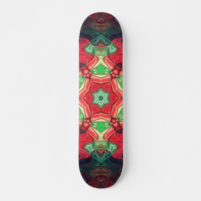 Skate Mosaico Mandala Flor Vermelho Teal e Azul (Frente)