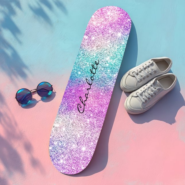 Skate Nebulosa do arco-íris moderna brilha o nome da bri (Modern rainbow nebula sparkles girly glitter name skateboard)