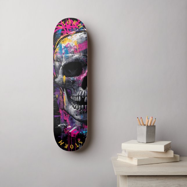 Skate Neon Skull Grafite Street Art - Edição limitada (Arte de parede)