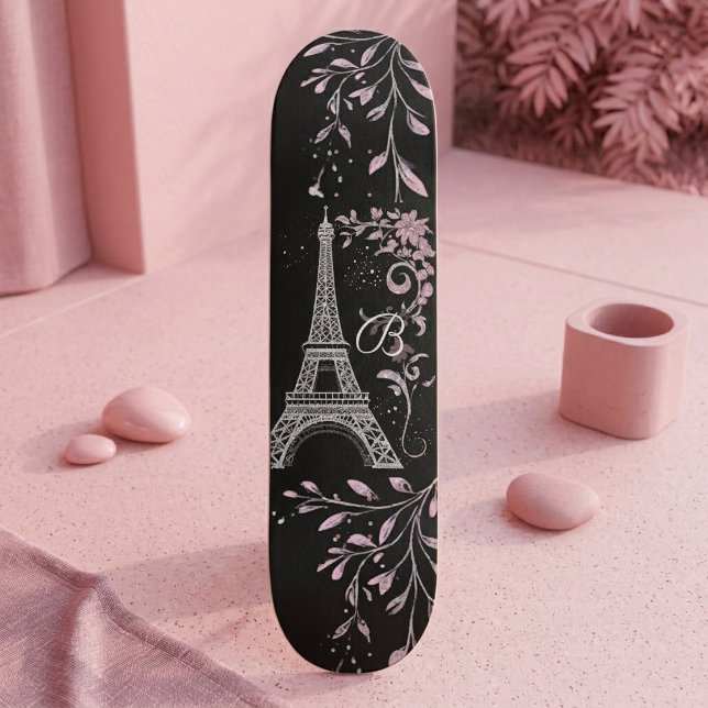 Skate Noite Parisiense Torre Eiffel Prata Rosa Cor-de-Ro (Parisian Night Silver Eiffel Tower Blush Pink Chic Skateboard)