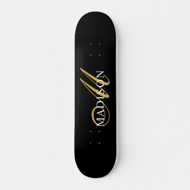 Skate Nome de Script Dourado do Monograma Preto Moderno (Frente)