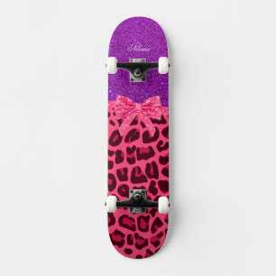 Skate Nome personalizado arco-leopardo-rosa-brilho-roxa