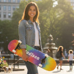 Skate Nome Personalizado de Tie Dye Swirl Moderno Colori<br><div class="desc">Colorida moderna, o nome personalizado do Rainbow Tie Dye Swirl Skateboard apresenta o seu nome personalizado na tipografia moderna num fundo de espiral de corante colorido do arco-íris. Personalize editando o texto na caixa de texto fornecida. Dê um presente personalizado, skate personalizado ao seu skate favorito para o Natal, aniversário...</div>