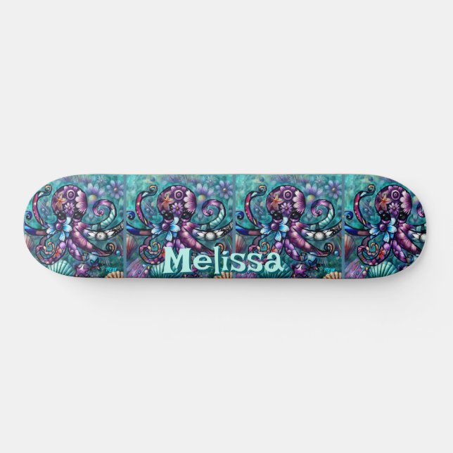 Skate Octopus Floral Teal Coastal Personalizado (Horz)