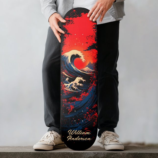Skate Onda do Mar Negro Azul Vermelho (Red Blue Black Sea Wave Skateboard)