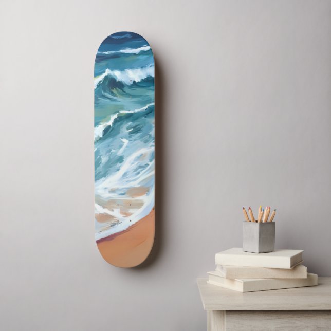 Skate Ondas do Oceano Azul Aquarela (Arte de parede)