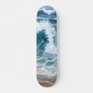Skate Ondas do Oceano em Fúria   Aquarela Azul Costeira