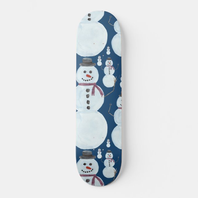 Skate Padrão de Aquarela Azul Snowman, Gelado, Gelado (Frente)