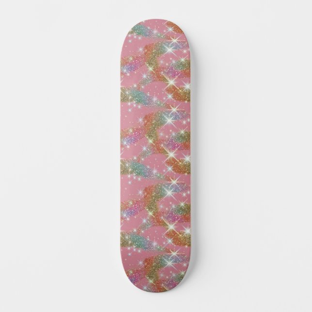 Skate Padrão de Brilho Falso Arco-íris Rosa (Frente)