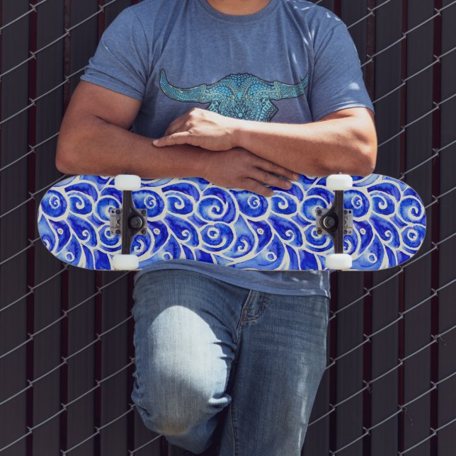 Skate Padrão de Design de Abstrato azul e branco (Ao ar livre 3)