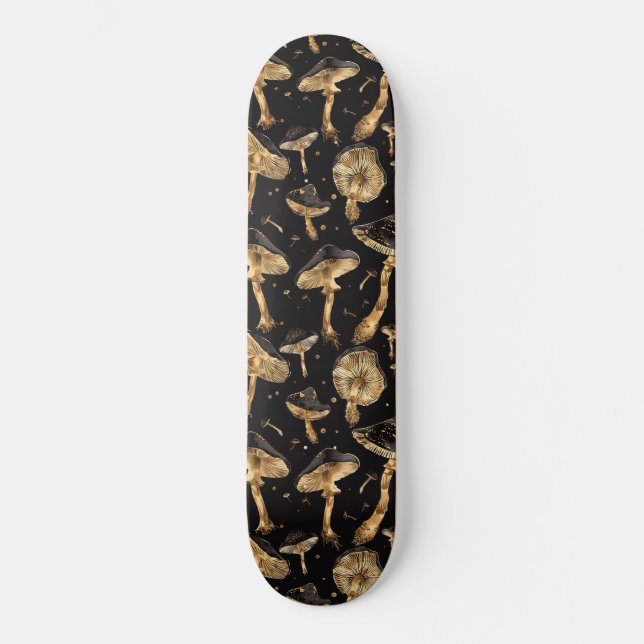 Skate Padrão de fungos de cogumelo preto e dourado (Frente)