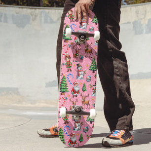 Skate Padrão Decorativo de Natal com Fundo Rosa