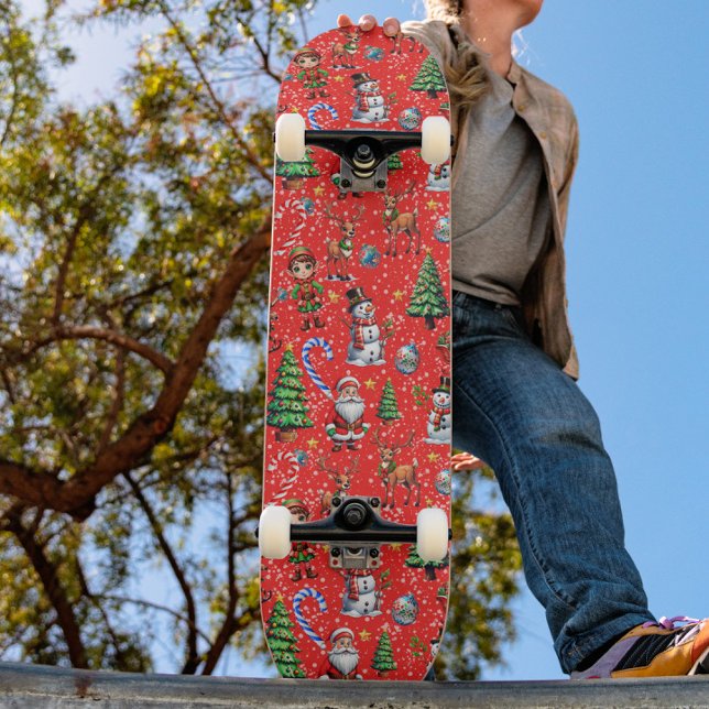 Skate Padrão Decorativo de Natal com Fundo Vermelho (Criador carregado)