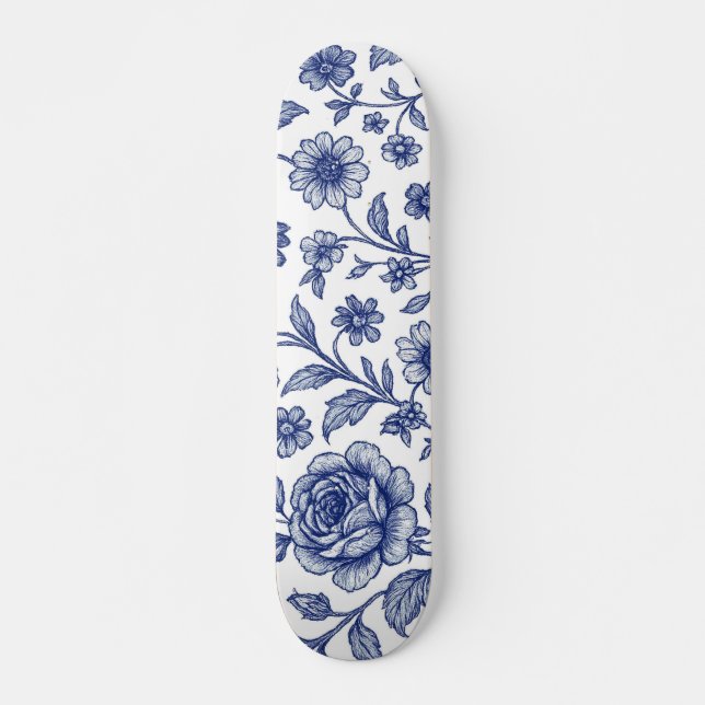 Skate Padrão Floral Real de Rosas Azuis (Frente)