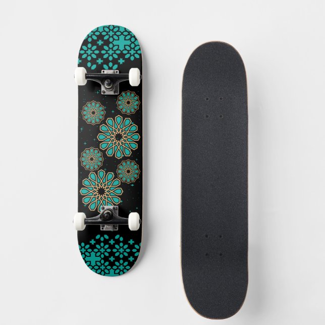 Skate Padrão Geométrico Islâmico no Quadro Turquesa (Frente)