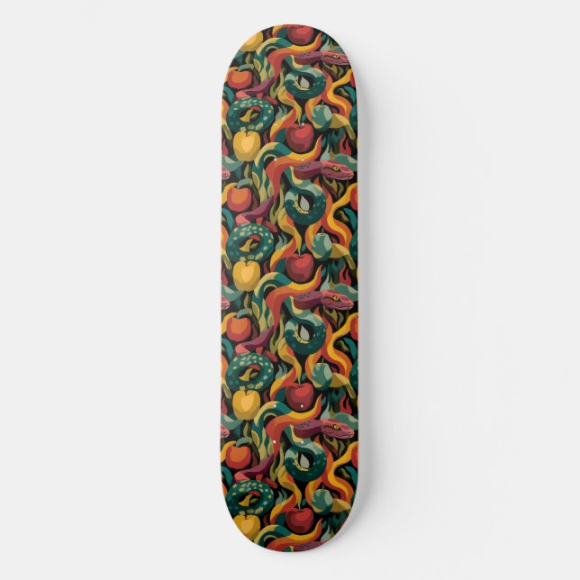 Skate Padrão Vibrante e Contínuo com Cobras e Maçãs (Frente)