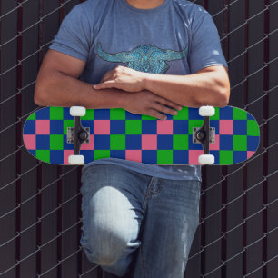Skate Padrão Xadrez Azul Verde Rosa Design 